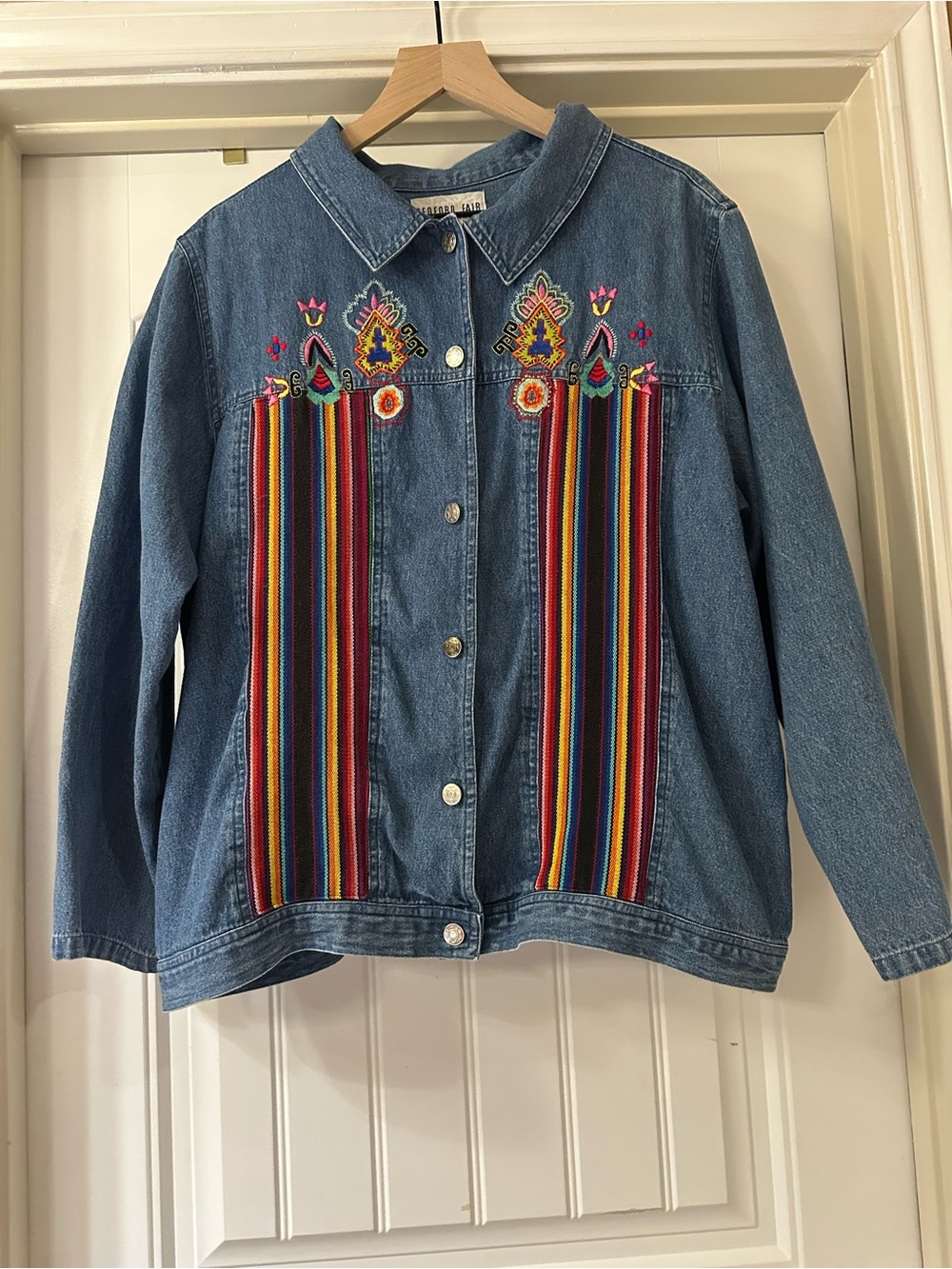 Bedford Fair 1X Embroidered Serape Denim Jacket Southwestern Boho Western EUC